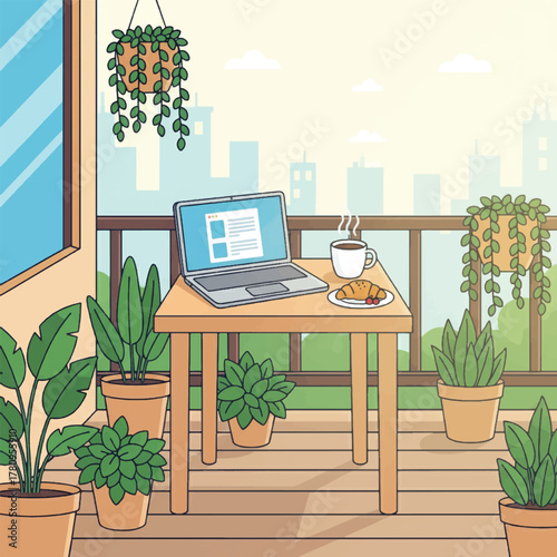 Balcony workspace with laptop, coffee, croissant, and plants.
