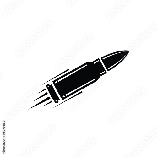 Speeding bullet icon, black cartridge projectile vector graphic