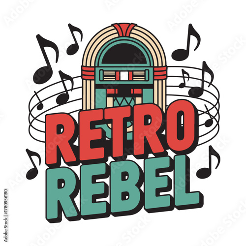 Retro Rebel Jukebox Music Notes T Shirt Design Illustration