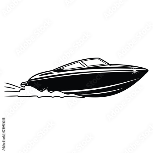Dynamic speed boat vector silhouette cruising swiftly on water