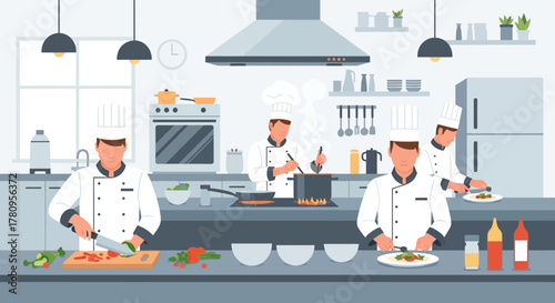 Professional Chefs Preparing Food in a Commercial Kitchen Setting