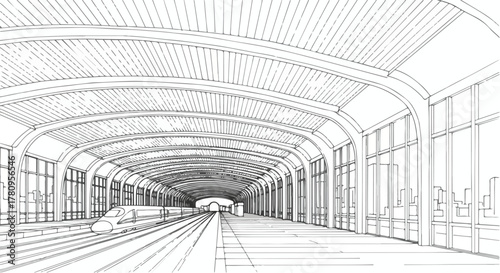 Perspective pencil drawing of interior hall with arched ceiling and linear depth, architectural symmetry.