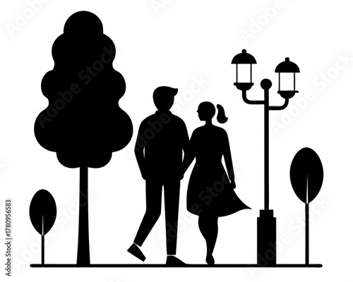Lovers walking in park silhouette vector isolated on white background