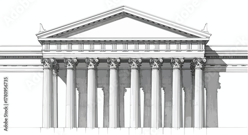 Neoclassical building facade with columns and pediment drawn in precise monochrome line art.