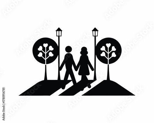 Lovers walking in park icon silhouette vector isolated on white background