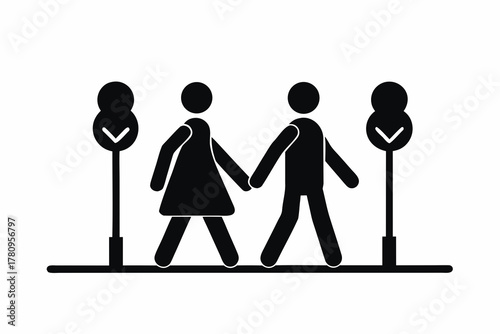Lovers walking in park silhouette vector isolated on white background