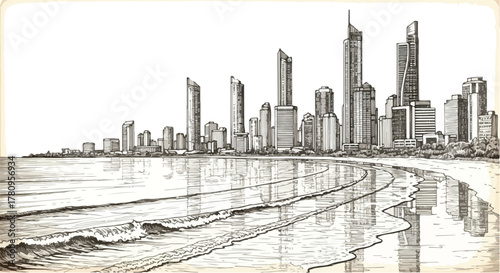 City skyline along coastal shore with gentle waves under warm sunset, detailed pencil illustration.