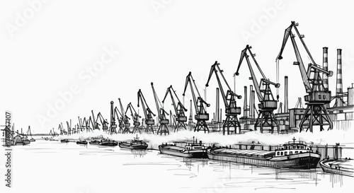 Monochrome sketch of cargo port cranes and industrial docks with calm water reflections, detailed line art.