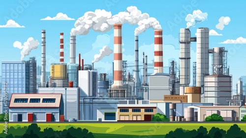 A bustling factory complex with smokestacks emitting white smoke, surrounded by industrial buildings and greenery, under a clear blue sky with fluffy white clouds.
