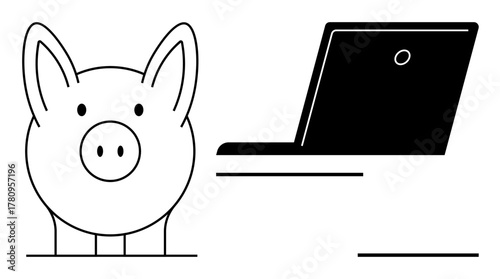 Piggy bank and laptop emphasize savings, budgeting, and digital financial management. Ideal for finance, technology, banking, education, investment business and minimalistic design. Simple flat