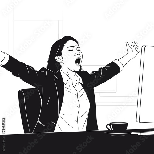 Businesswoman yawning, stretching at office desk, feeling tired
