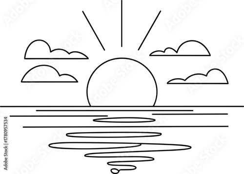 Minimalist sunrise over water with clouds line drawing