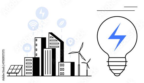Modern buildings powered by solar panels and wind turbines, surrounded by icons representing connectivity and innovation. Ideal for sustainability, energy, technology, smart city, environment, green