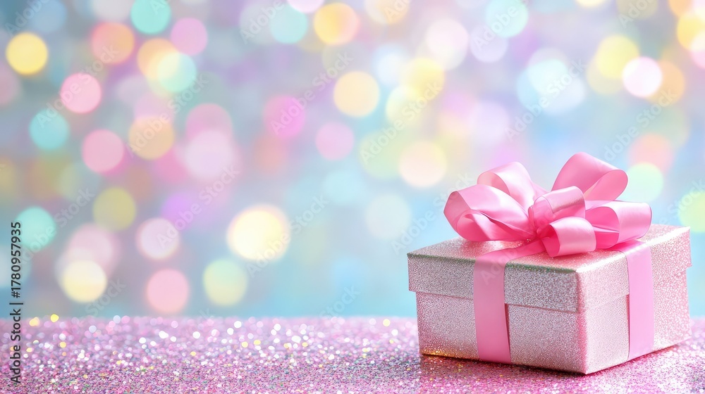 Fototapeta premium Bokeh background with glitter and pink gift box, ideal for birthdays, weddings, or surprises