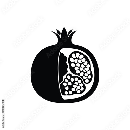 Pomegranate fruit sliced open showing juicy arils icon graphic