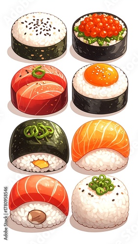 Wallpaper Mural Assortment of eight stylized sushi pieces, top-down view on white background Torontodigital.ca