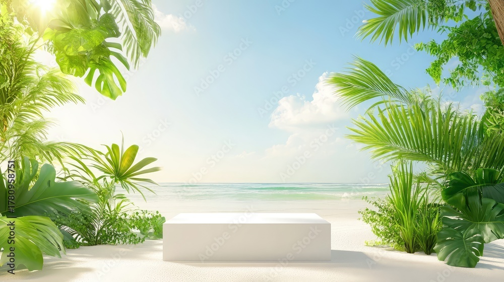 Fototapeta premium Clean white display set on sandy surface, tropical leaves and sky view offer natural product showcase