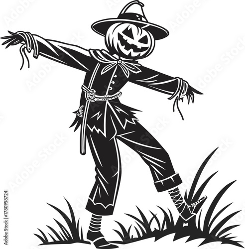 Scarecrow with pumpkin head in grass halloween harvest festival graphic