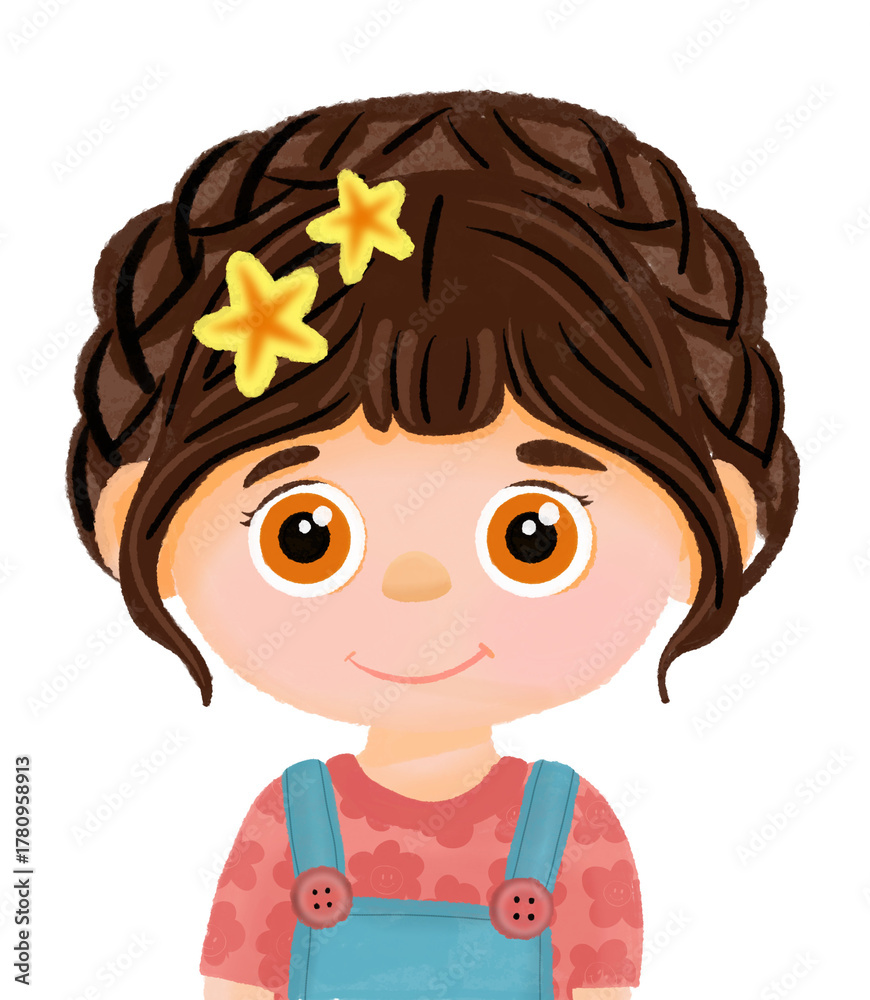 Obraz premium Cute Girl with Star Hair Clips PNG | Cartoon Character Illustration | Children Clipart