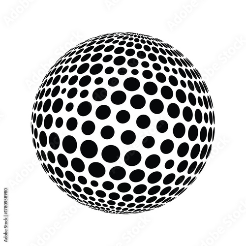 Abstract black and white dotted sphere with halftone pattern design