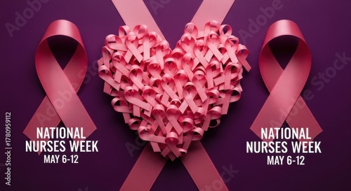 National Nurses Week pink ribbons heart purple background May 6-12