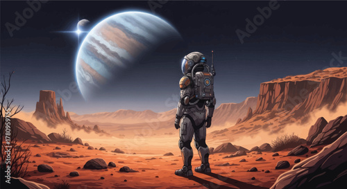 Lone astronaut gazes at a planet on a desolate Martian landscape under starry skies