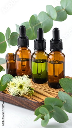 Wallpaper Mural Assortment of essential oil bottles with fresh eucalyptus & flowers Torontodigital.ca