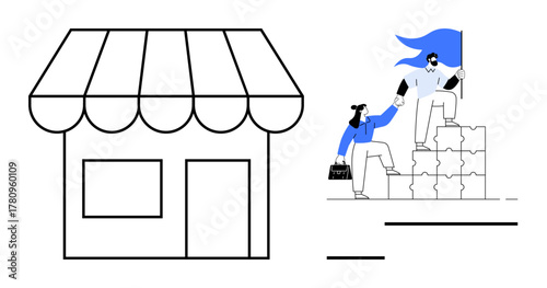 Small storefront and team collaborating to climb puzzle blocks. Ideal for entrepreneurship, teamwork, growth, leadership, support, problem-solving, success. Simple flat metaphor