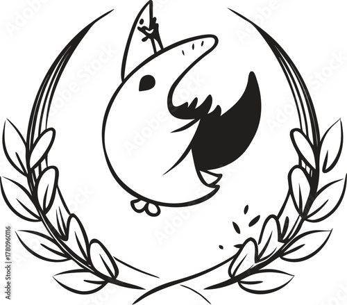 Quirky cartoon bird-like creature with horn in leafy wreath doodle art