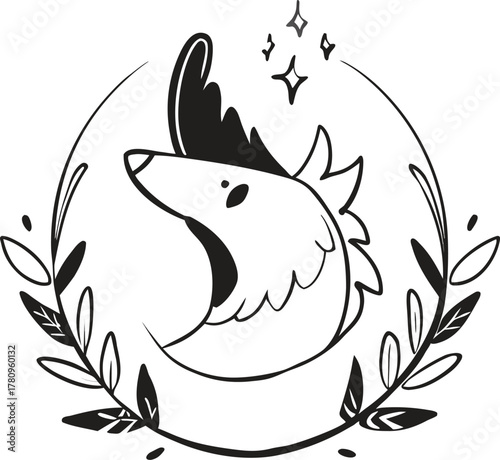 Whimsical stylized mythical griffin dragon head logo in a leafy wreath