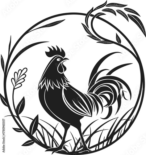 Rooster silhouette illustration with rustic floral wreath circular frame