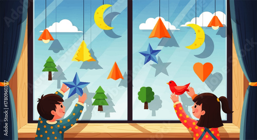 Children Decorating Window with Festive Shapes.