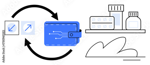 Blue digital wallet with electronic patterns, arrows symbolizing transactions, pills, and medicine bottles on a shelf. Ideal for healthcare, e-commerce, fintech, payment, technology medicine