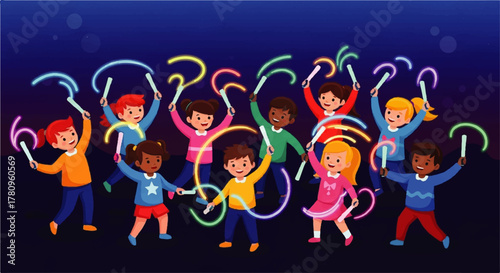 Diverse Children Joyfully Dancing with Glow Sticks.