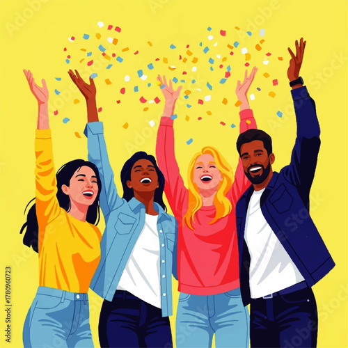 Diverse Group of Friends Celebrating with Confetti.