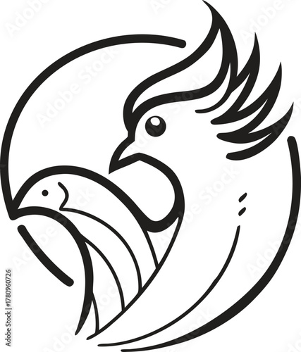 Stylized cockatoo and fish logo design within a circular outline icon
