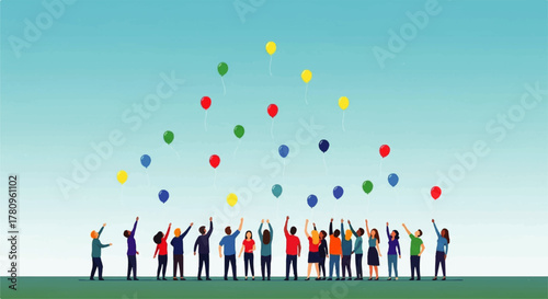 Diverse Group of People Releasing Colorful Balloons into Sky.