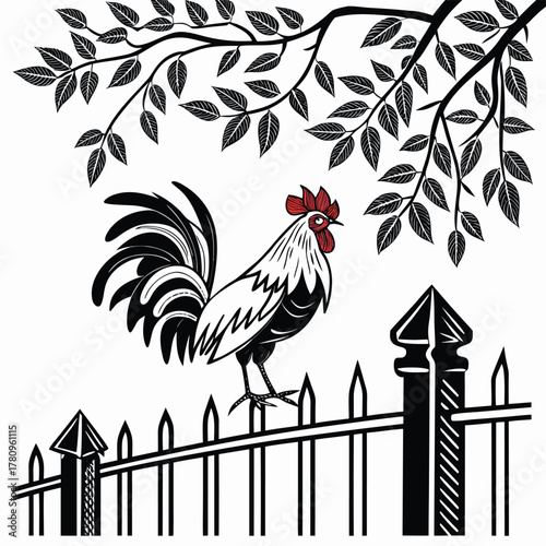Rooster on a picket fence under a leafy branch, traditional country art