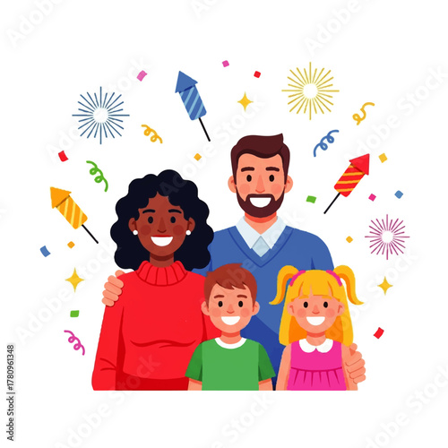 Happy Diverse Family Celebrating With Fireworks.