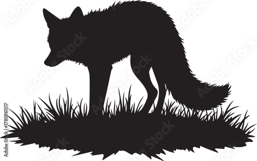 Black silhouette of a fox standing in grass white background