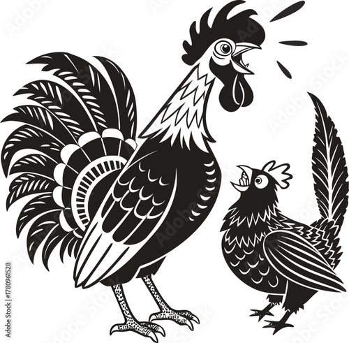 Rooster crowing with hen. stylized vector illustration of farm birds.