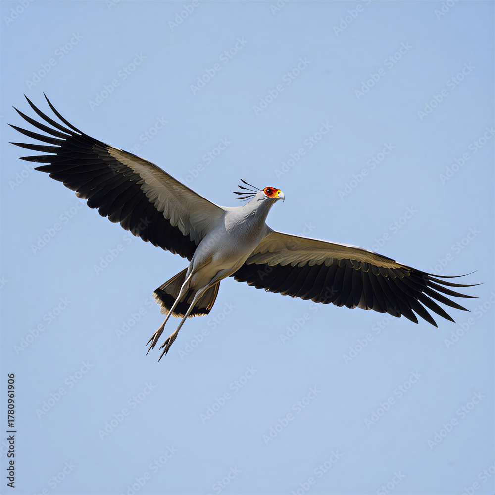 Fototapeta premium Majestic secretarybird soars gracefully against a clear blue sky with wings outstretched