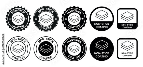Non Stick Coating icon set. Non Stick Coating of vector labels for kitchen pan or cooking pot. Non Stick Coating logo, label, badge, sticker, symbol, emblem, black, circle, line vector isolated.