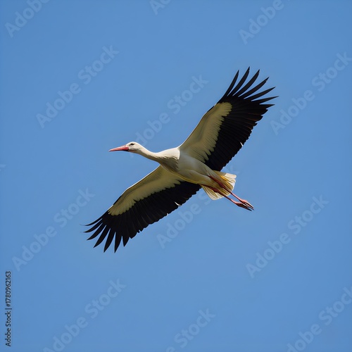 Majestic stork soars gracefully through a clear bright blue sky