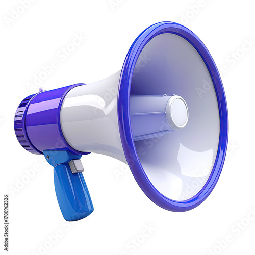 3D rendered, glossy megaphone with white, blue, and purple color scheme on black backdrop