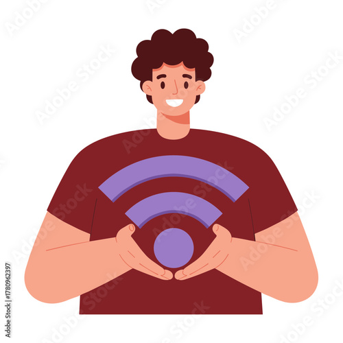 Young man holding a Wi-Fi symbol and smiling in flat design style  
