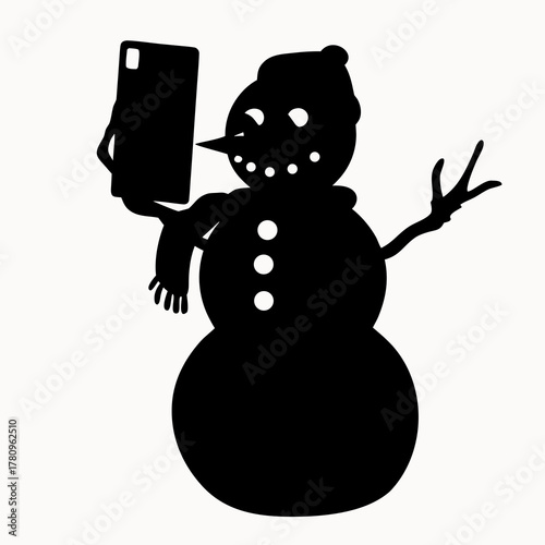 Silhouette of a snowman wearing a hat and scarf taking a selfie with a smartphone on a white background