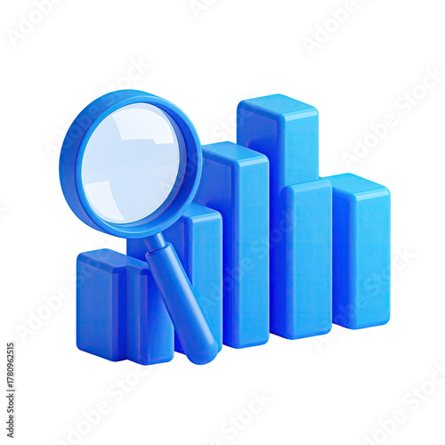 3D rendered graphic, blue bar graph with a magnifying glass for data analysis