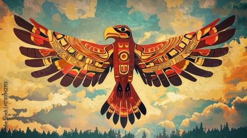 A colorful, stylized eagle with intricate patterns against a sky backdrop.