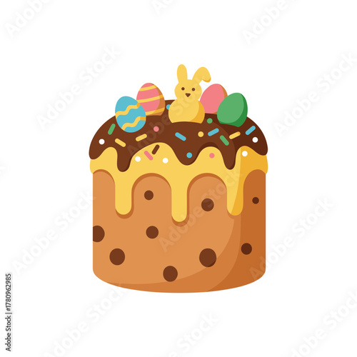 Easter cake decoration with colorful eggs and bunny on top  